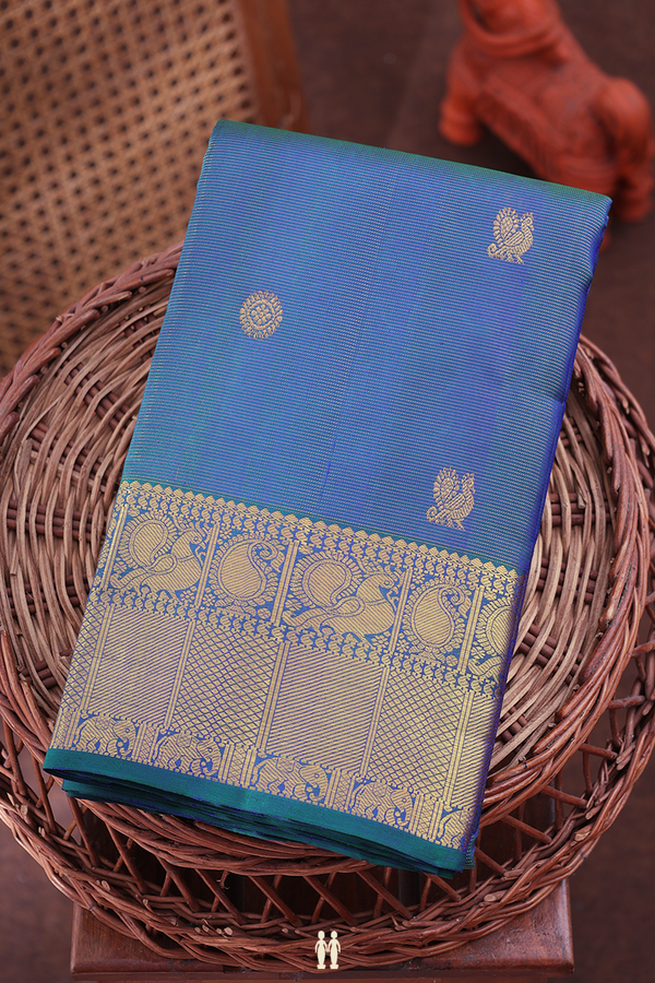 Kanchipuram Silk Saree In Blue With Stripes Along Buttas