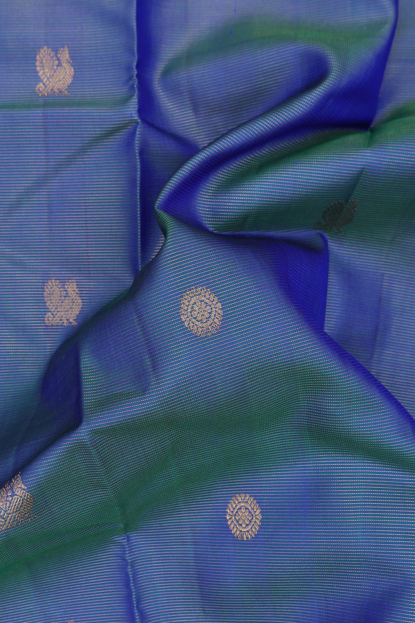 Kanchipuram Silk Saree In Blue With Stripes Along Buttas