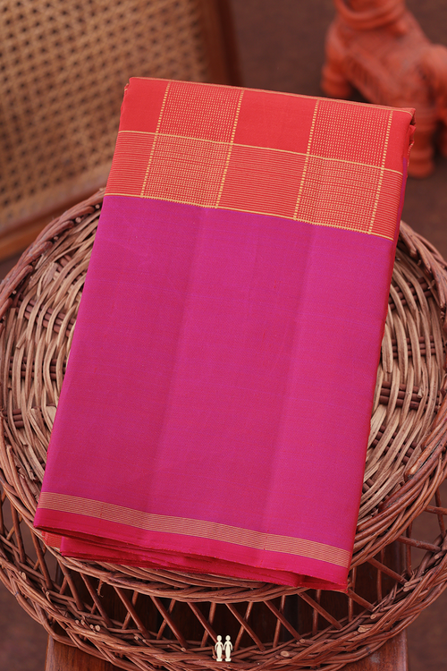Kanchipuram Silk Saree In Orange With Checks Design