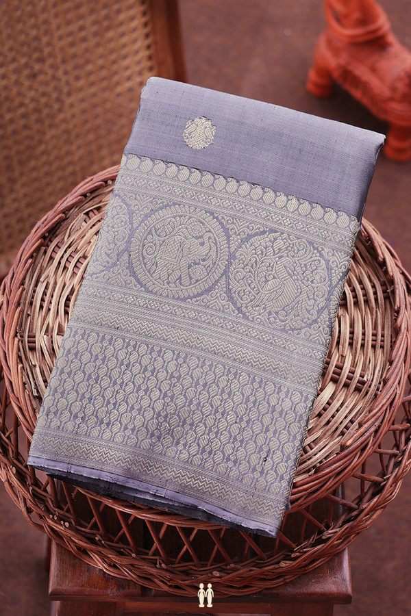 Kanchipuram Silk Saree In Grey With Iruthalai Pakshi Buttas