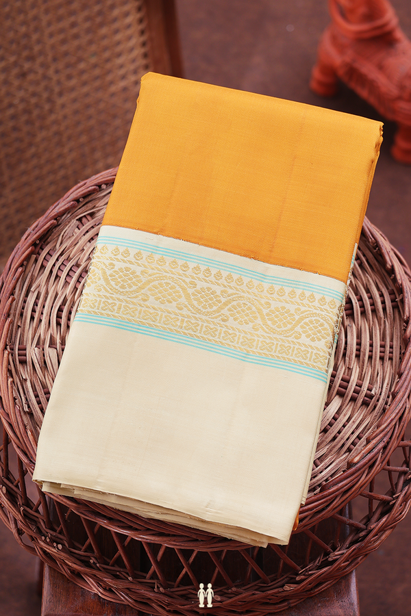 Kanchipuram Silk Saree In Mustard Yellow With Contrast Border
