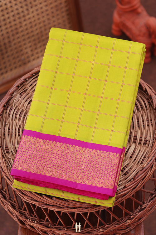 Kanchipuram Silk Saree In Sunflower Yellow With Checks Design