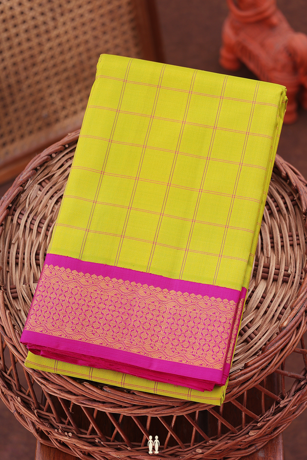 Kanchipuram Silk Saree In Sunflower Yellow With Checks Design