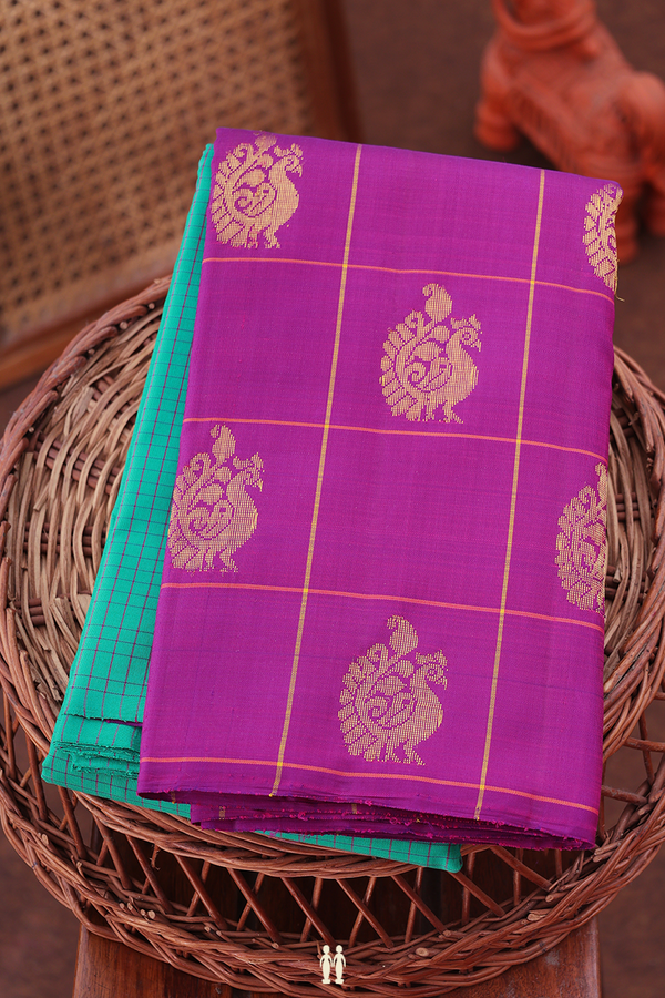 Kanchipuram Silk Saree In Green With Checks Design