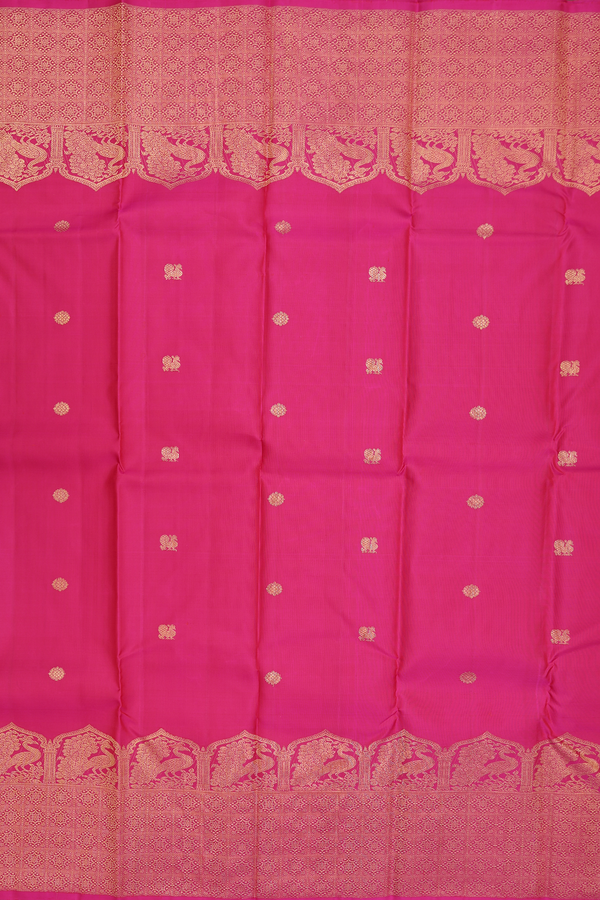 Kanchipuram Silk Saree In Rani Pink With Peacock Buttas
