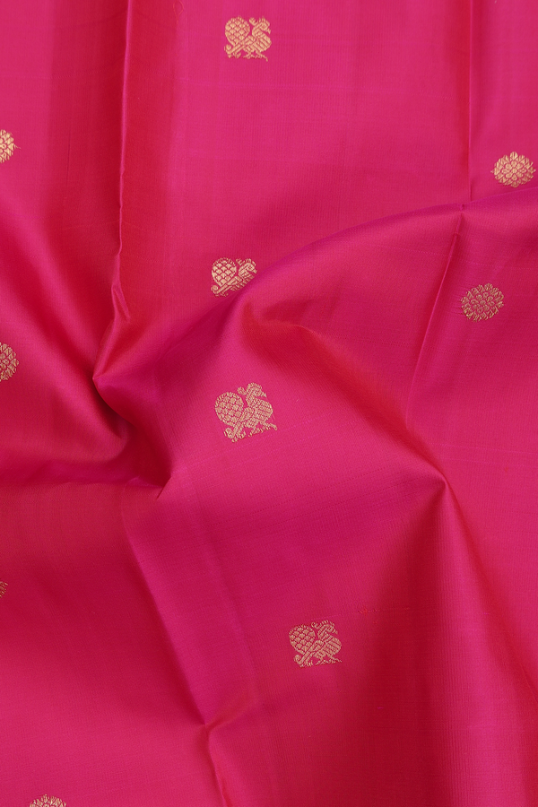 Kanchipuram Silk Saree In Rani Pink With Peacock Buttas