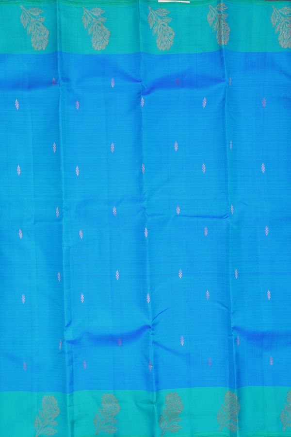 Kanchipuram Silk Saree In Cerulean Blue With Zari Buttas