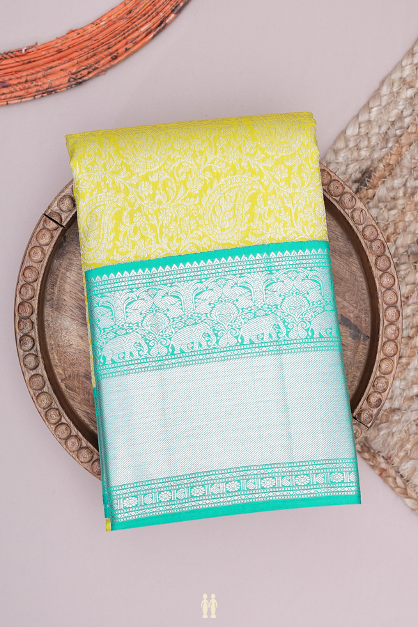 Kanchipuram Silk Saree In Olive Yellow With Paisley Design