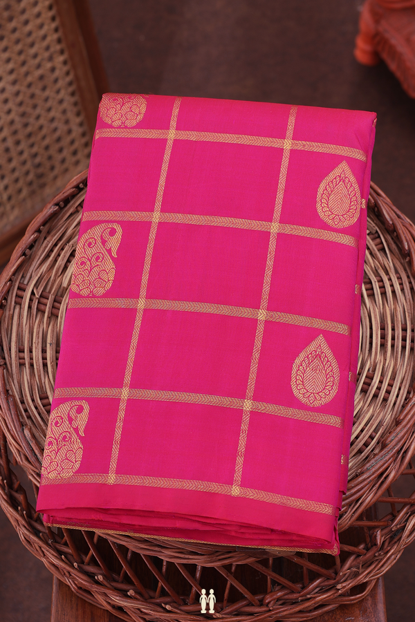 Kanchipuram Silk Saree In Rani Pink With Checks Design