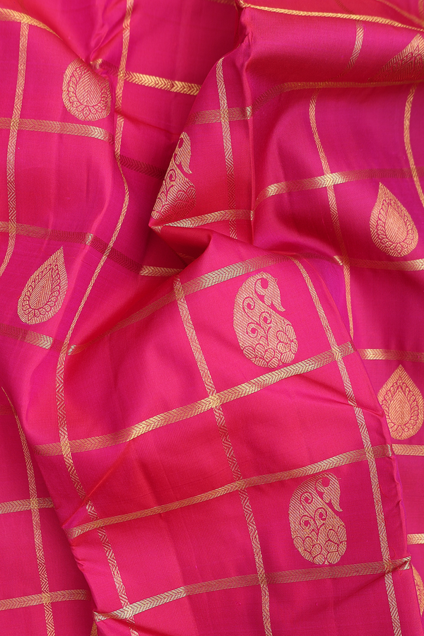 Kanchipuram Silk Saree In Rani Pink With Checks Design