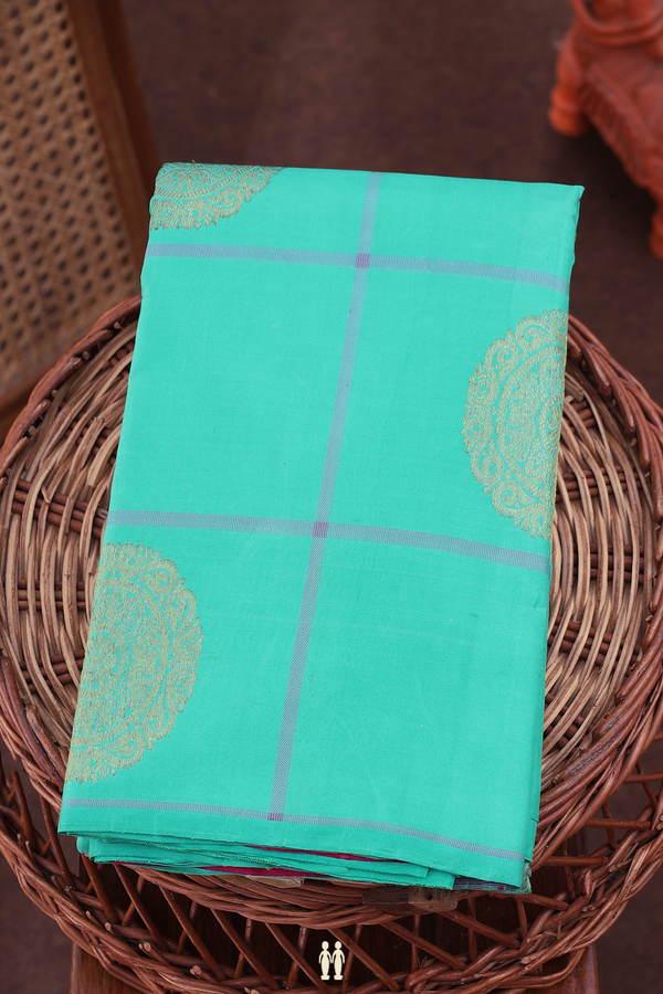Kanchipuram Silk Saree In Turquoise Blue With Checks Design