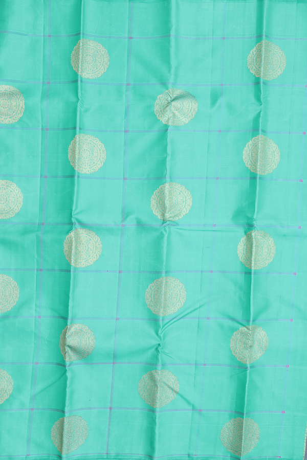 Kanchipuram Silk Saree In Turquoise Blue With Checks Design