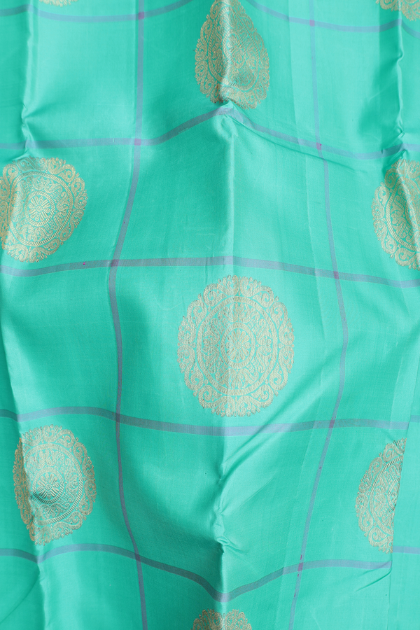 Kanchipuram Silk Saree In Turquoise Blue With Checks Design