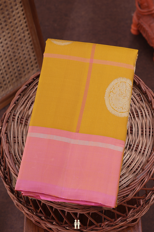 Kanchipuram Silk Saree In Saffron Yellow With Checks Design
