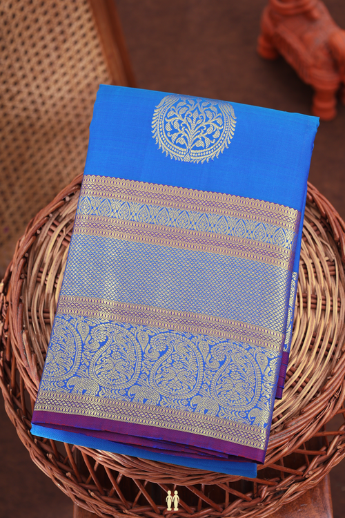 Kanchipuram Silk Saree In Cobalt Blue With Zari Motifs