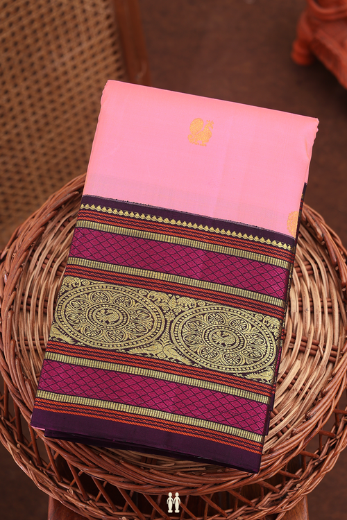 Kanchipuram Silk Saree In Pink With Peacock Buttas