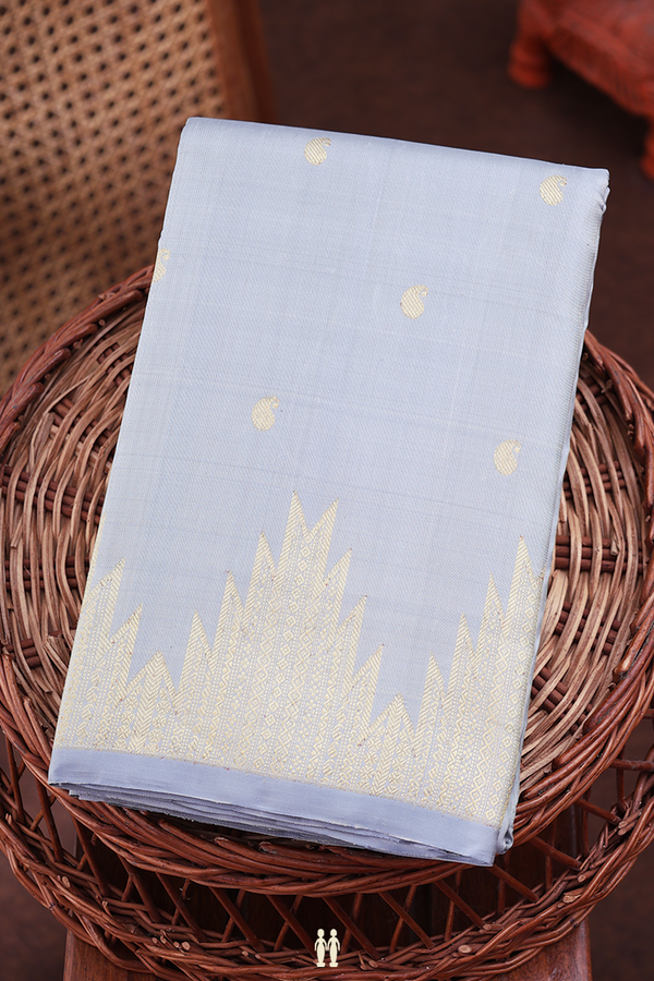 Kanchipuram Silk Saree In Grey With Paisley Buttas