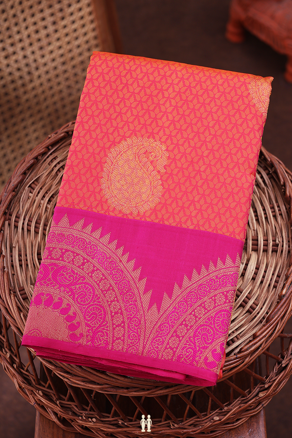 Kanchipuram Silk Saree In Coral Pink With Jacquard Pattern