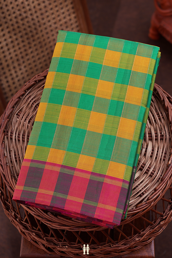 Kanchipuram Silk Saree Green And Yellow With Checks Design