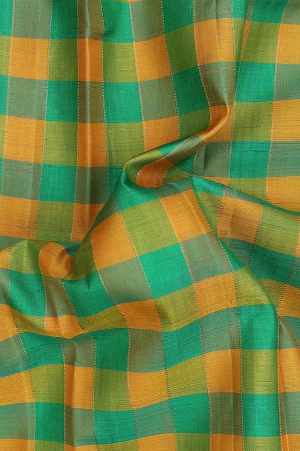 Kanchipuram Silk Saree Green And Yellow With Checks Design