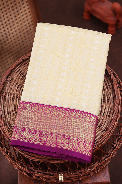Kanchipuram Silk Saree In Cream Color With Stripes Design