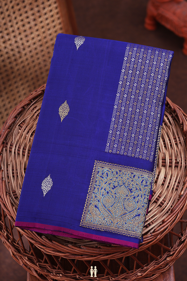 Kanchipuram Silk Saree In Royal Blue With Stripes Design