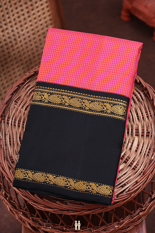 Kanchipuram Silk Saree In Orange And Magenta With Checks Design