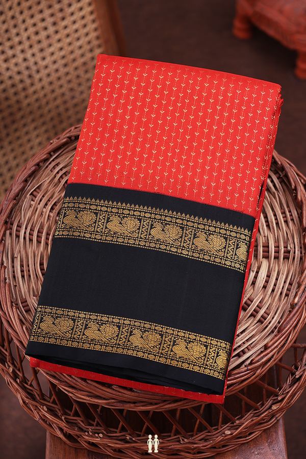 Kanchipuram Silk Saree In Bright Orange With Stripes Design
