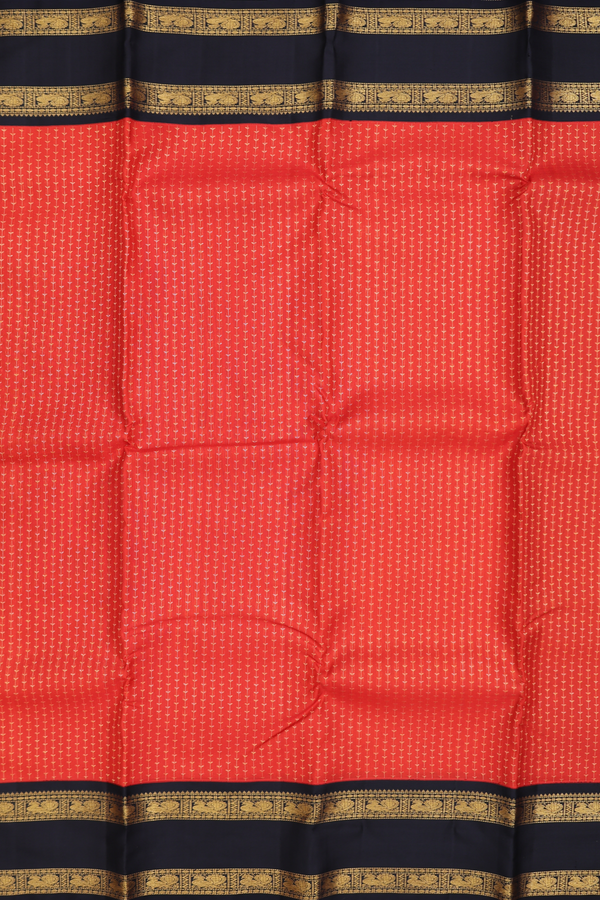 Kanchipuram Silk Saree In Bright Orange With Stripes Design