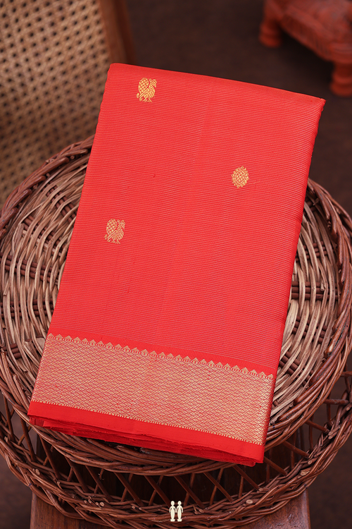 Kanchipuram Silk Saree In Vermillion Red With Stripes Design