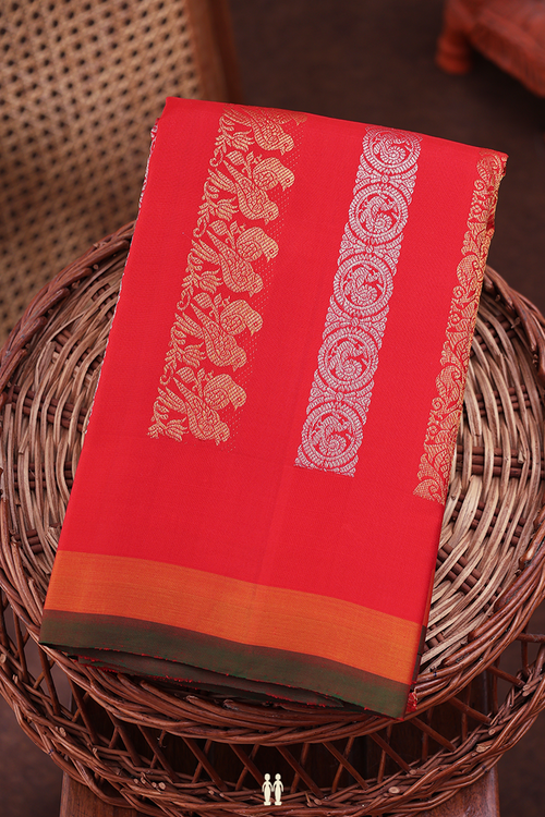 Kanchipuram Silk Saree In Scarlet Red With Stripes Design