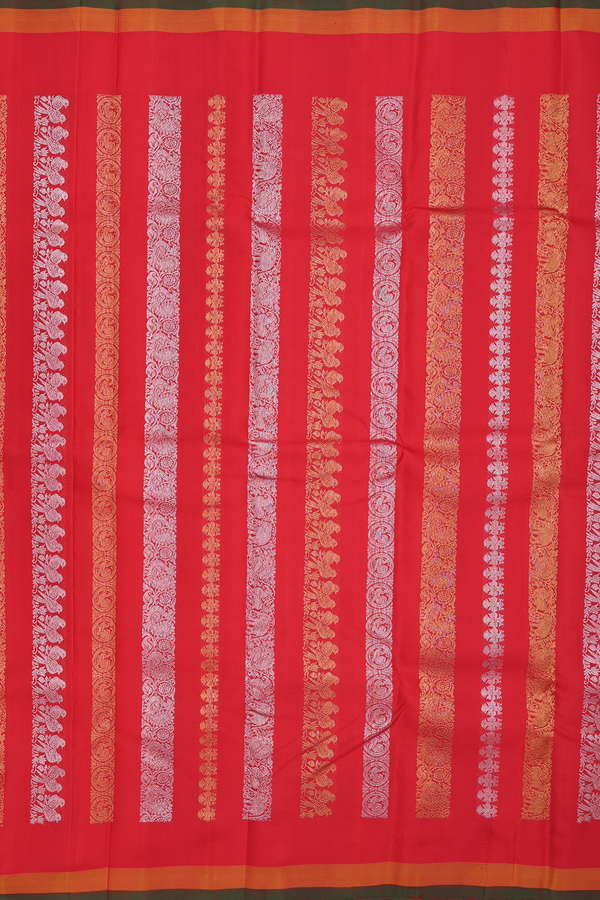 Kanchipuram Silk Saree In Scarlet Red With Stripes Design