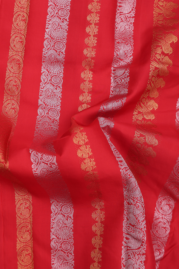 Kanchipuram Silk Saree In Scarlet Red With Stripes Design