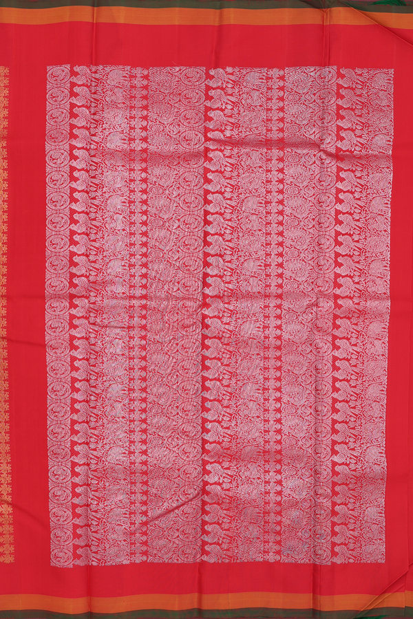 Kanchipuram Silk Saree In Scarlet Red With Stripes Design