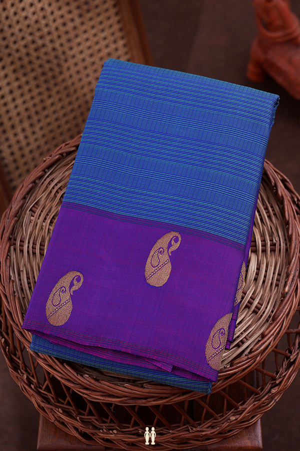 Kanchipuram Silk Saree In Shades Of Blue With Stripes Design