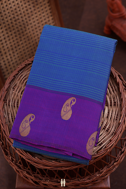 Kanchipuram Silk Saree In Shades Of Blue With Stripes Design