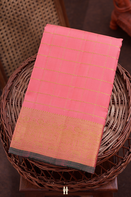 Kanchipuram Silk Saree In Peach With Checks Design