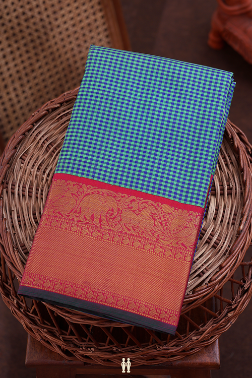 Kanchipuram Silk Saree In Blue And Green With Checks Design