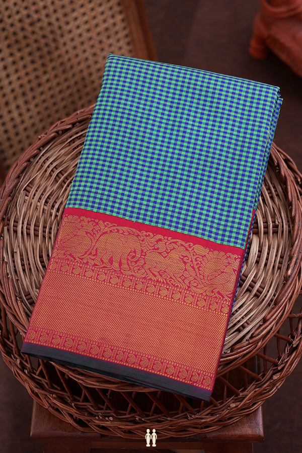 Kanchipuram Silk Saree In Blue And Green With Checks Design