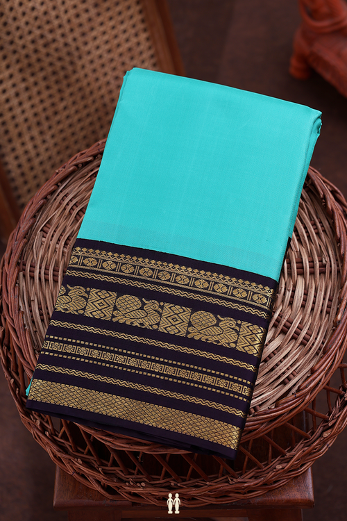 Kanchipuram Silk Saree In Turquoise Blue With Contrast Border