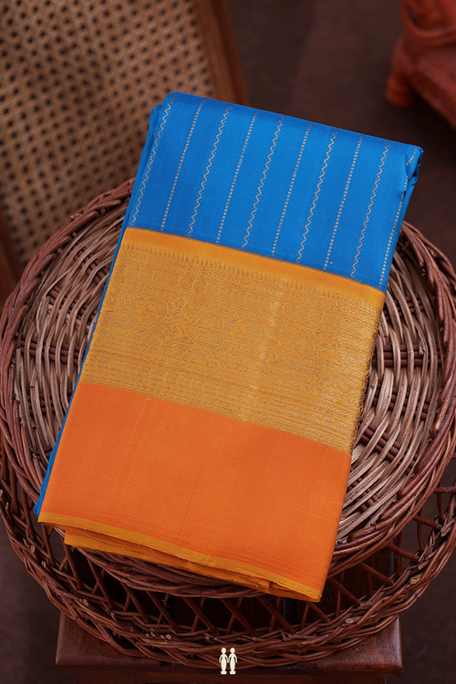 Kanchipuram Silk Saree In Cerulean Blue With Stripes Design