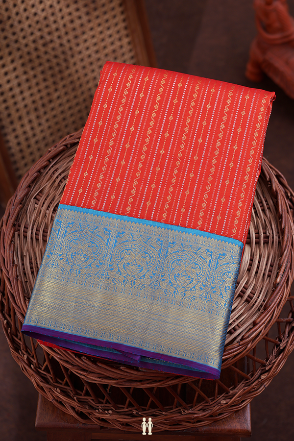 Kanchipuram Silk Saree In Bright Orange With Stripes Design