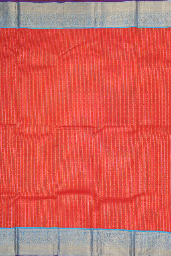Kanchipuram Silk Saree In Bright Orange With Stripes Design