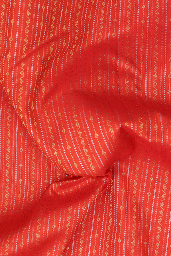 Kanchipuram Silk Saree In Bright Orange With Stripes Design