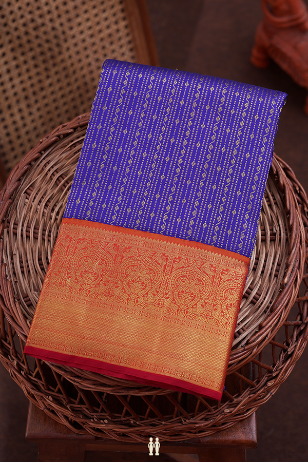 Kanchipuram Silk Saree In Royal Blue With Stripes Design