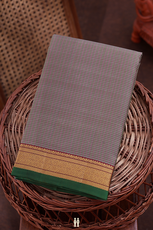 Kanchipuram Silk Saree In Greyish Green With Checks Design