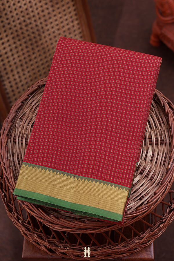 Kanchipuram Silk Saree In Rust Red With Checks Design
