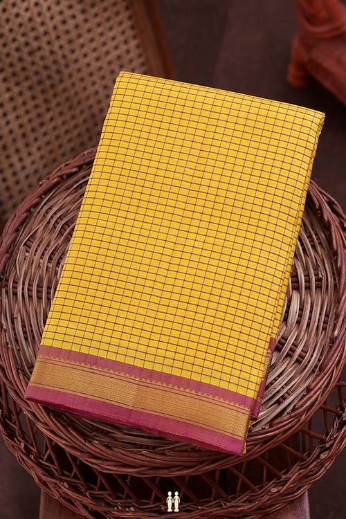 Kanchipuram Silk Saree In Yellow With Checks Design