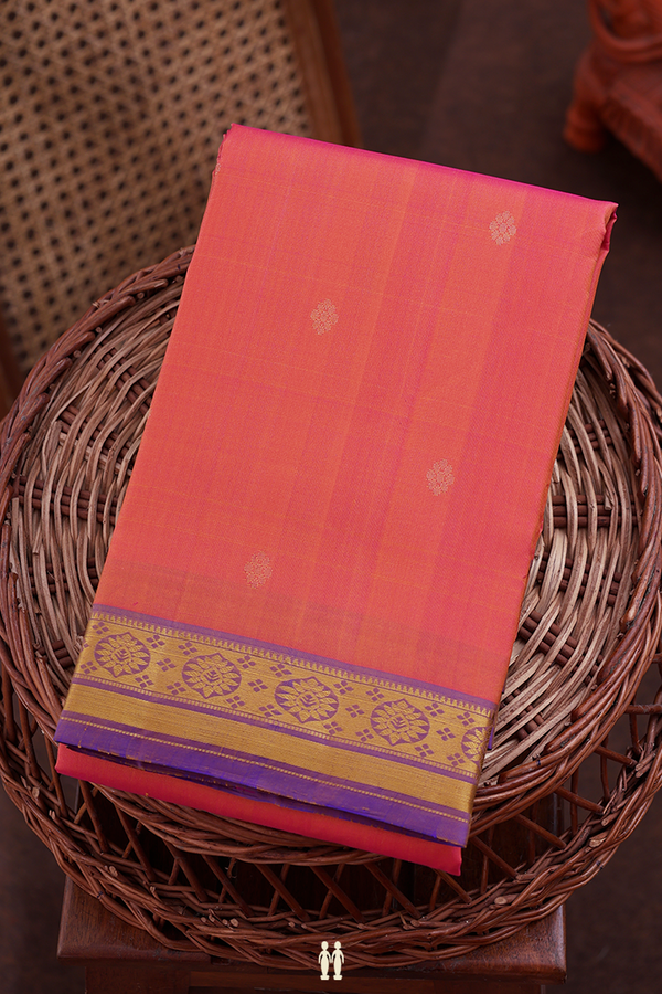 Kanchipuram Silk Saree In Coral Pink With Floral Buttas