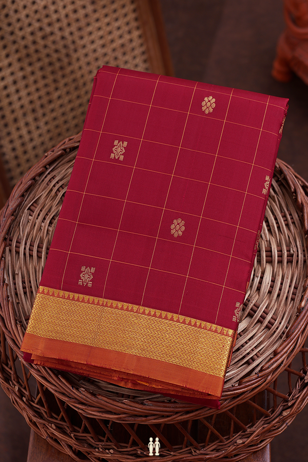 Kanchipuram Silk Saree In Red With Checks Design